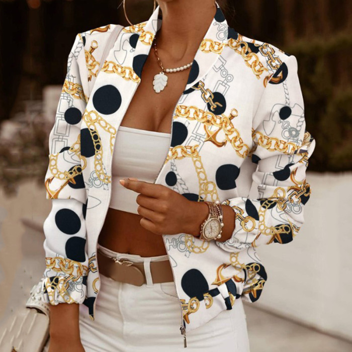 Printed Women's Floral Casual Long Sleeve Pocket Zipper Slim Fit Jacket