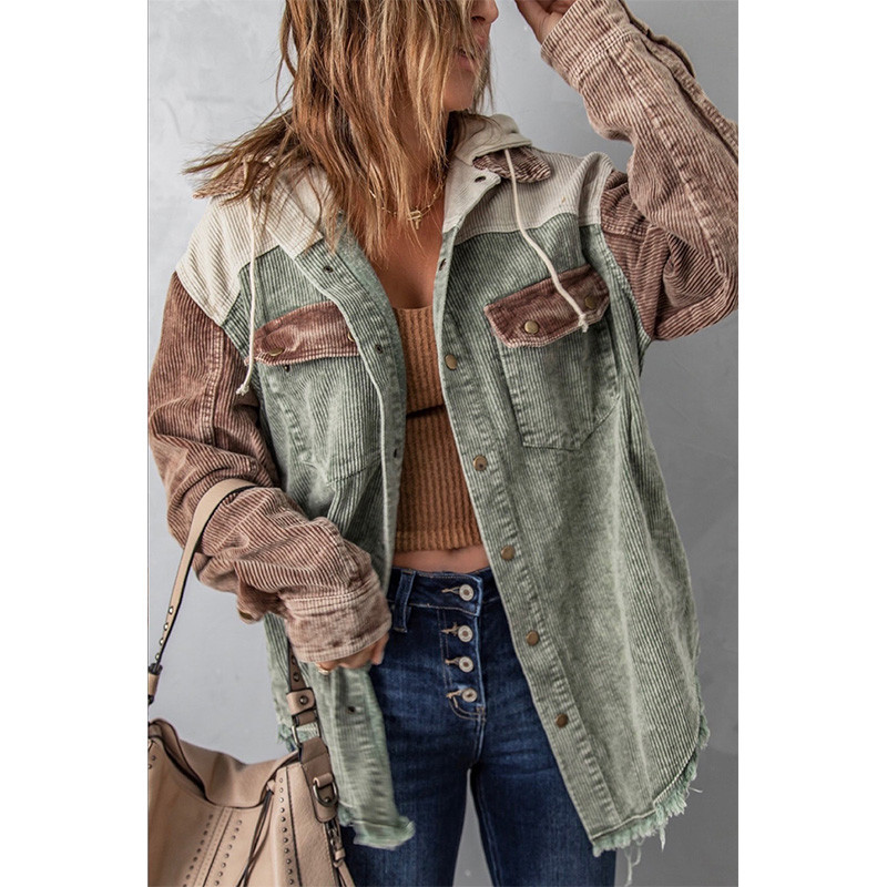 Women's Vintage Stitching Long Sleeve Loose Warm Pocket Casual Jacket