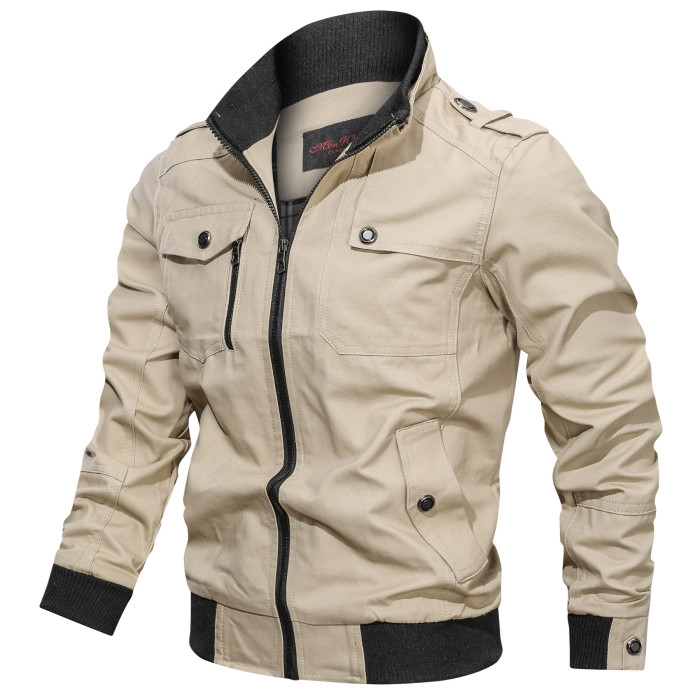 Men's Workwear Jacket Solid Color Zipper Pocket Stand Collar Pure Cotton Coats
