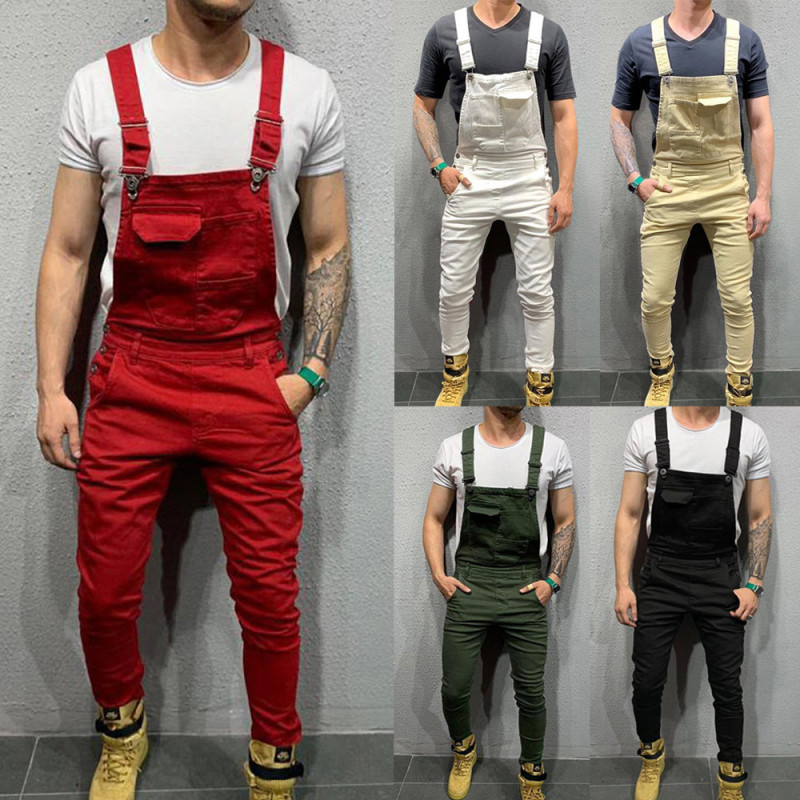 Men's Fashion Casual Loose Solid Color Denim Overalls Jumpsuit