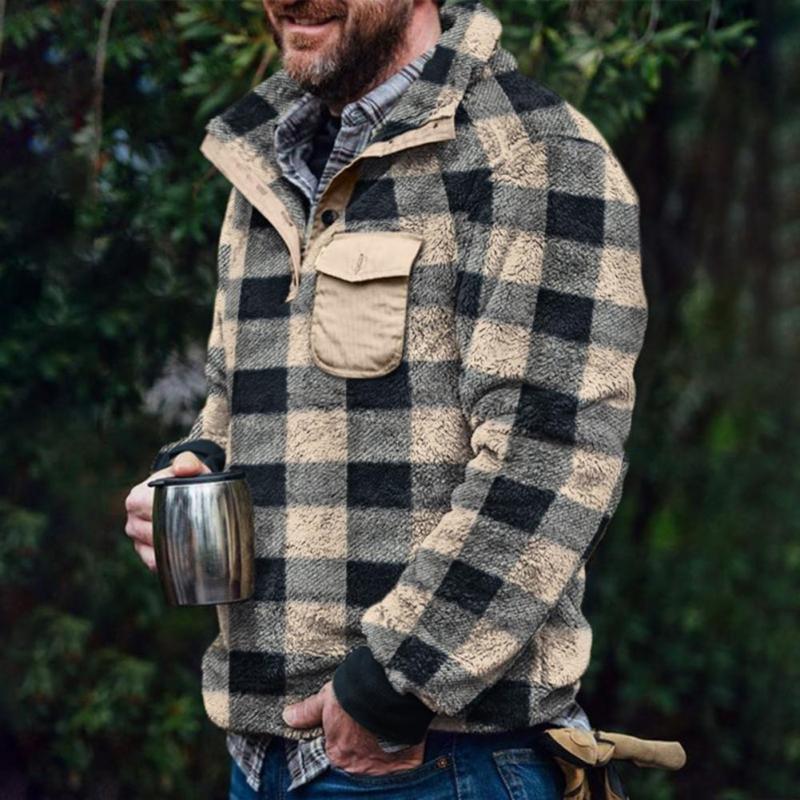 Men's Sweater Plaid Thickened Fleece Loose Hooded Jacket