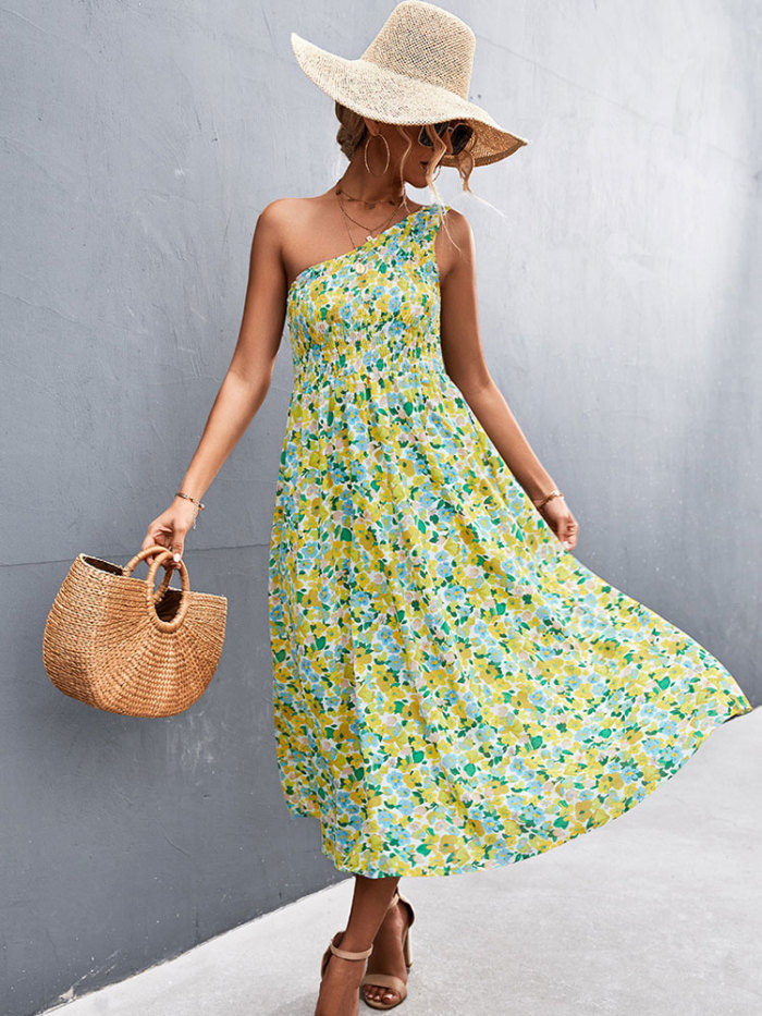 Trendy Bohemian One Shoulder Floral Elegant Print  Vacation Dress