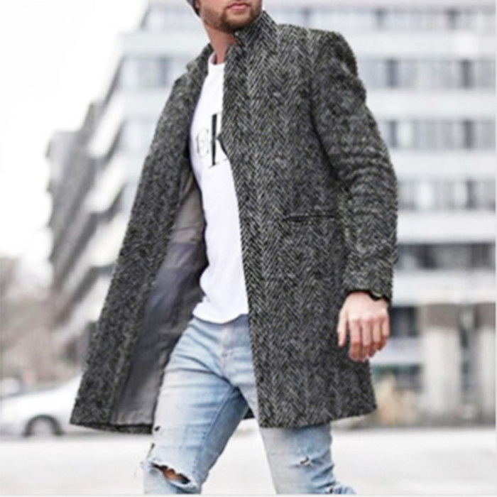 Fashion Men's Wool Coat Solid Color Stand Collar Warm Long Sleeve Jacket