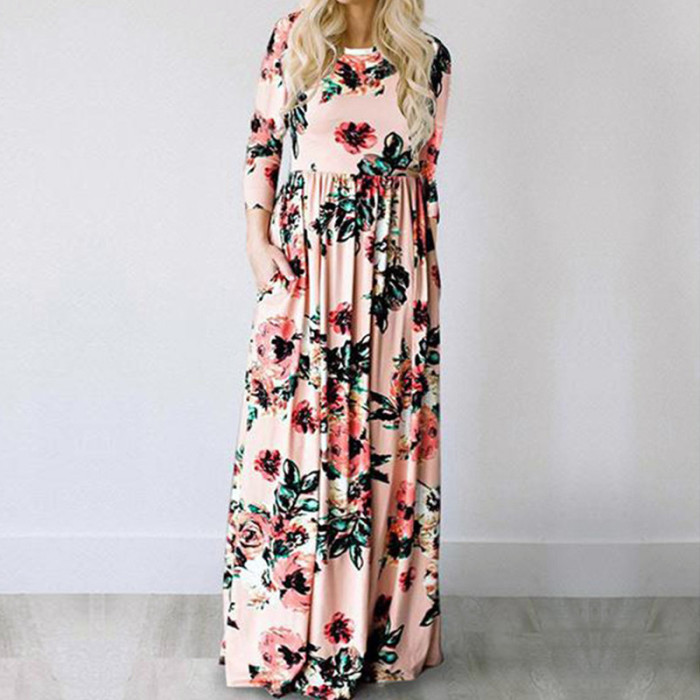 Trendy Floral Print Boho Beach Loose Maxi Dress