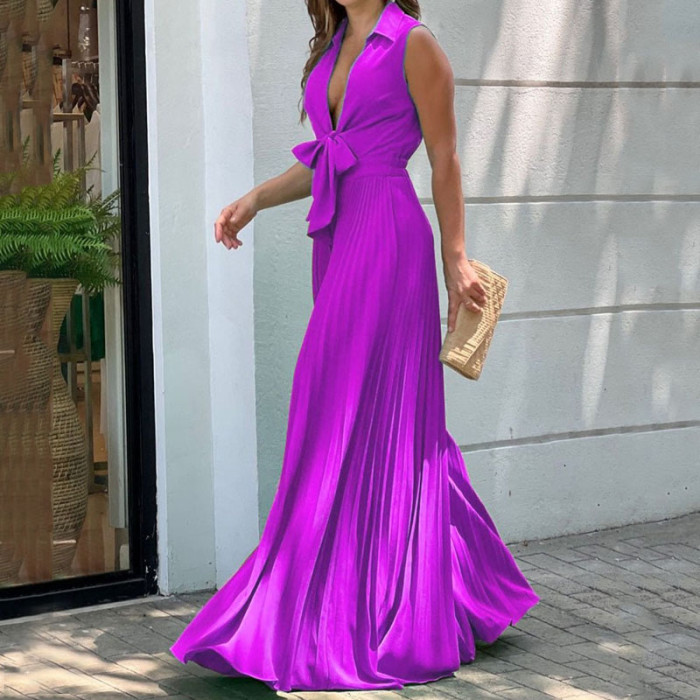 Fashion V Neck Sleeveless Lapel Solid Color Pleated Loose Wide Leg Jumpsuit