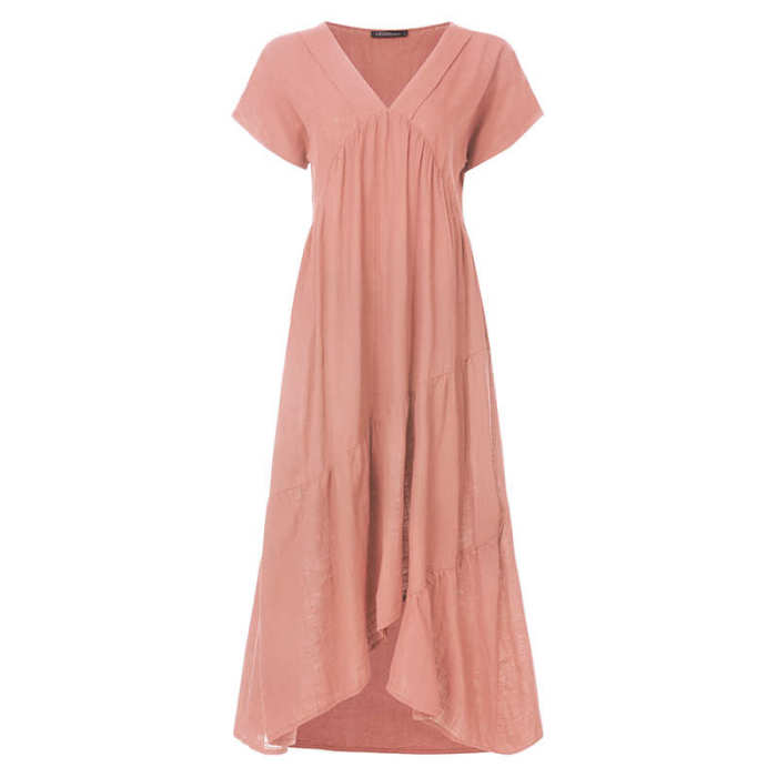 Boho Chic V Neck Solid Ruffle Asymmetric  Midi Dress