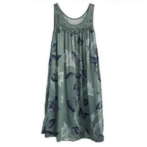 Elegant Floral Print Lace Panel Round Neck Sleeveless Loose Casual Dress
