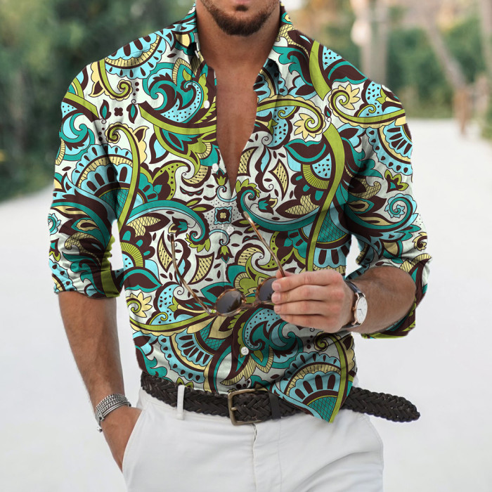 Men's Fashion Print Long Sleeve V Neck Oversized Top Blouse & Shirts