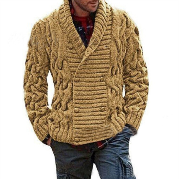 Men's Fashion Double Breasted Cable Plain Long Sleeve Knitted Cardigan Sweater Jacket