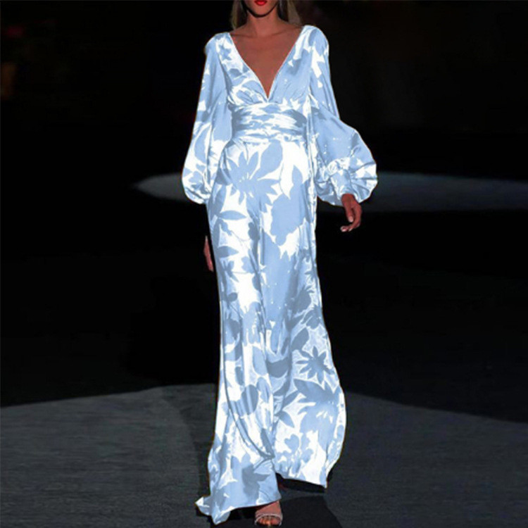 Fashion Elegant Print Sexy Deep V Neck Puff Sleeve High Waist Maxi Dress