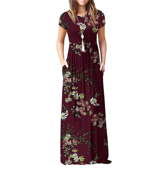 Pleated Round Neck Floral Maxi Dress