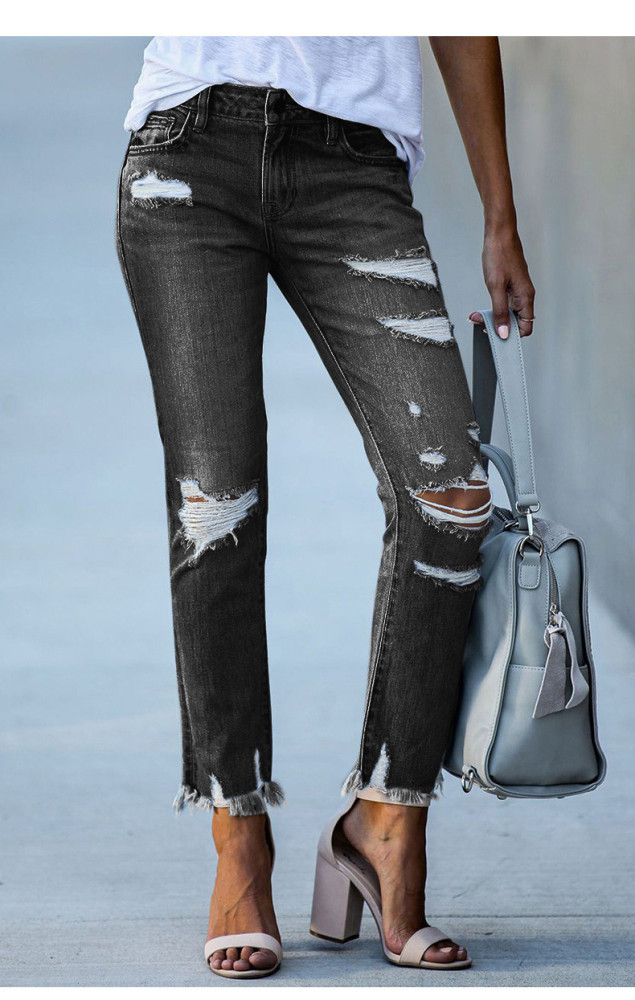 Women's Mid Rise Ripped Tassel Fashion Casual Slim Jeans