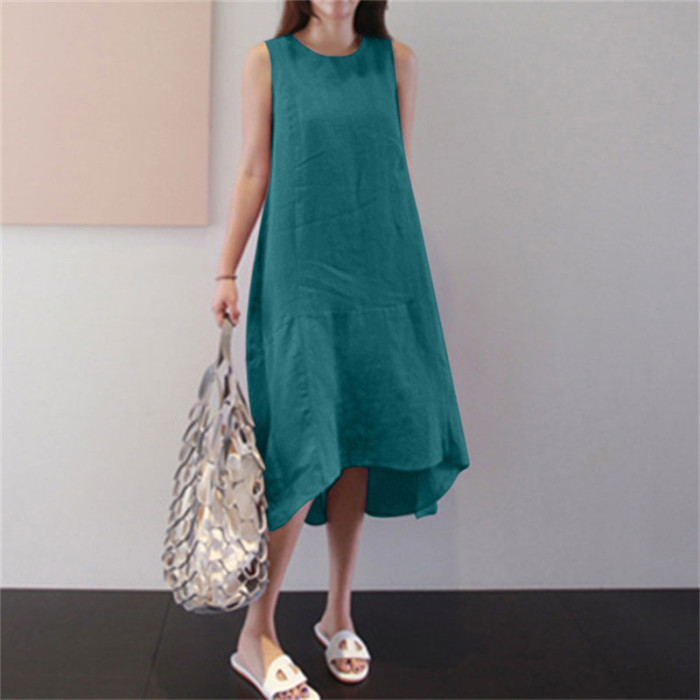 Sleeveless O-Neck Solid Color Loose Pocket Casual Dress