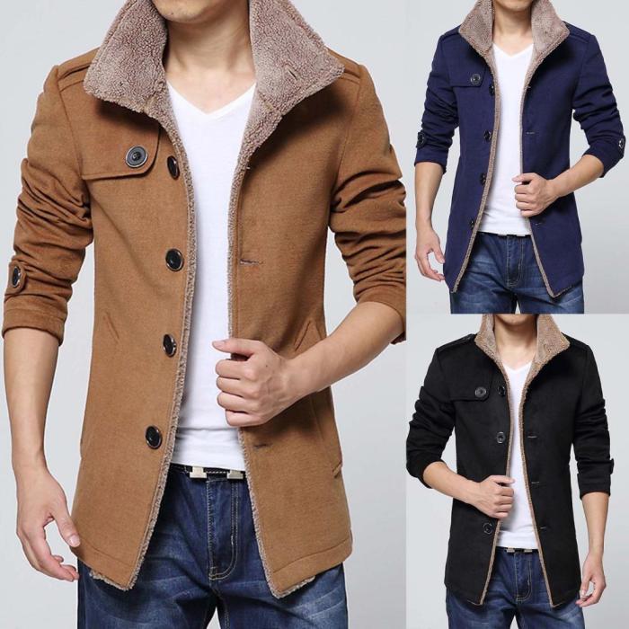 Men's Jacket Fashion Single Breasted Mid Length Solid Color Warm Casual  Coats