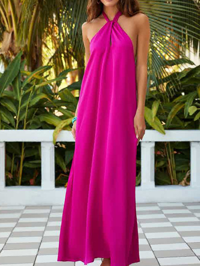 Fashion Casual Loose Solid Color Hollow Sexy Bohemian  Maxi Dress