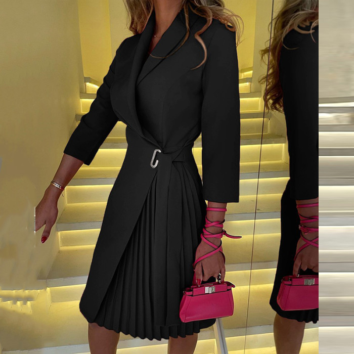 Elegant Lapel Casual Solid Color Fashion Double Breasted Belt  Midi Dress