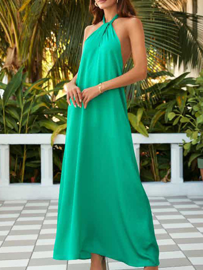 Fashion Casual Loose Solid Color Hollow Sexy Bohemian  Maxi Dress