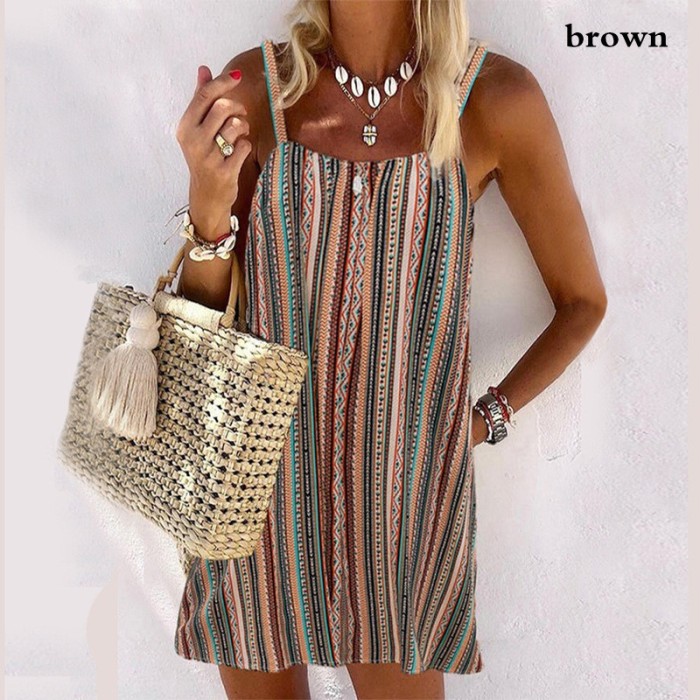 Fashion Thin Straps Striped Camisole Loose Casual  Mini Dress