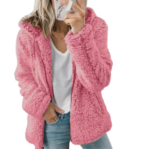 Fashion Elegant Faux Fur Solid Color Thick Warm Soft Pocket Coat