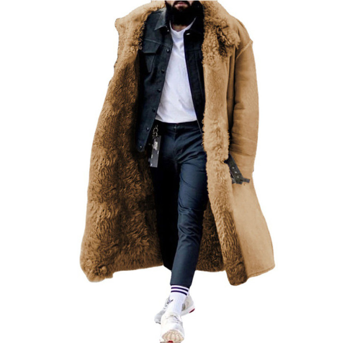 Men's Fashion Thick Faux Fur Solid Color Cardigan Long Coat
