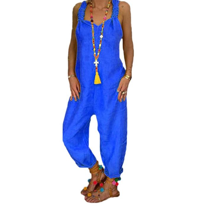 Women's Solid Color Sleeveless Backless Loose Jumpsuit