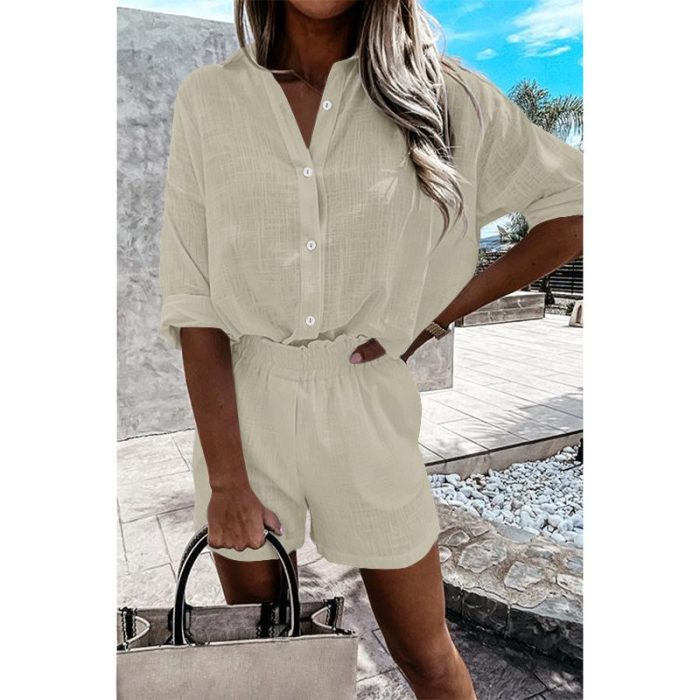 Women's Fashion Solid Lapel Long Sleeve Shirt Casual Cotton Two-piece Outfits
