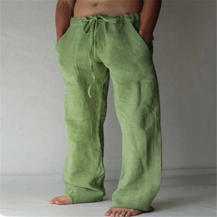 Men's Loose Linen Casual Pocket Wide Leg Drawstring Pants