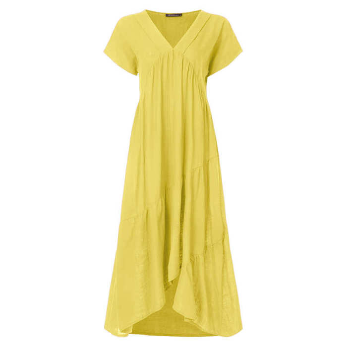 Boho Chic V Neck Solid Ruffle Asymmetric  Midi Dress