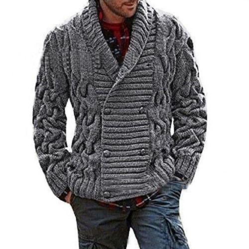 Men's Fashion Double Breasted Cable Plain Long Sleeve Knitted Cardigan Sweater Jacket
