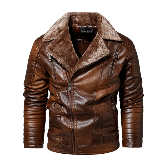 Men's Casual Motorized Distressed Leather Jacket Vintage Wool Coat