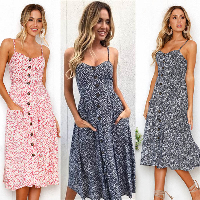 Bohemian Sexy Floral Retro Casual Backless Polka Dot Striped  Midi Dress