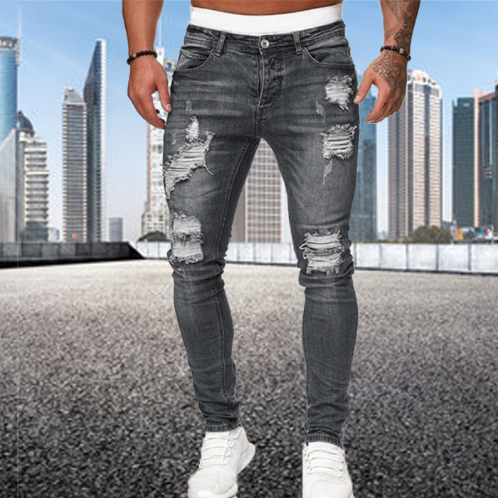 Fashion Street Men's Vintage Washed Solid Color Ripped Skinny Jeans