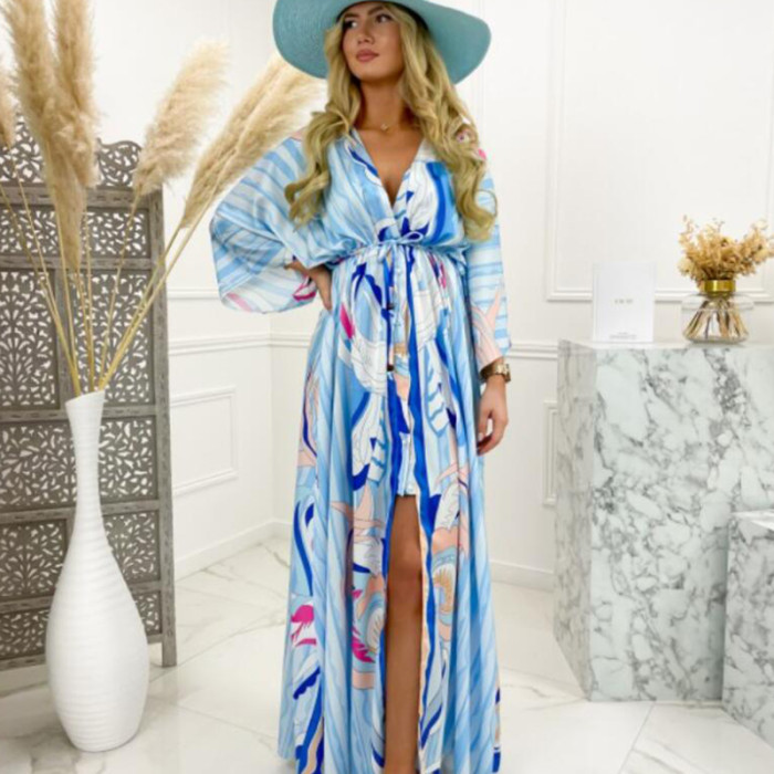 Elegant Deep V Neck Print Casual Button Party Loose Slit Beach Maxi Dress