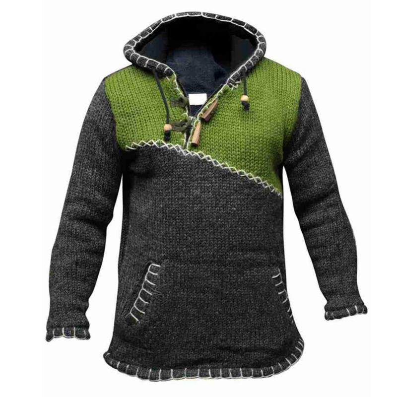 Men's Fashion Loose Long Sleeve Stitching Knitted Hooded Sweatshirt