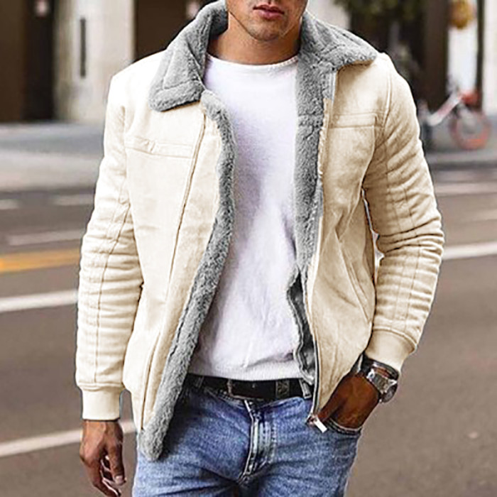 Fashion Solid Color Warm Velvet Long Sleeve Vintage Lapel Zipper  Men's Coats & Jackets