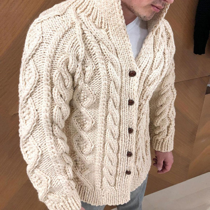 Fashion Thick Men's Solid Color Button Twist Warm Knitted Cardigan