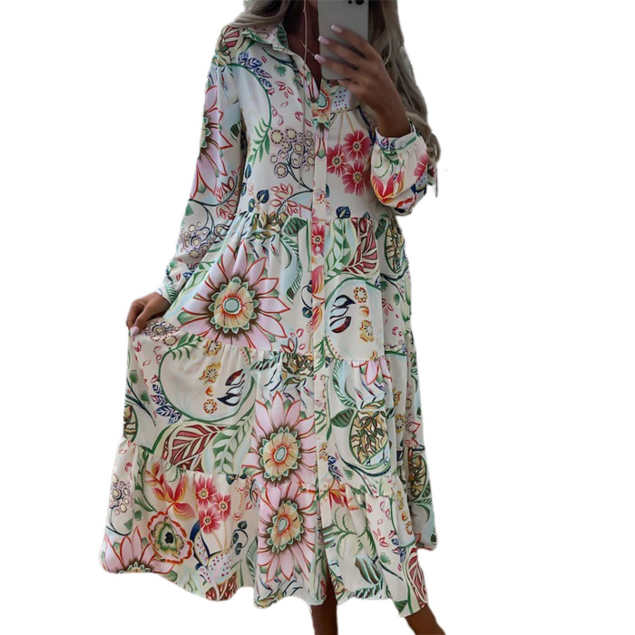 Elegant Flower Print Long Sleeve Bohemia Casual Maxi Dress