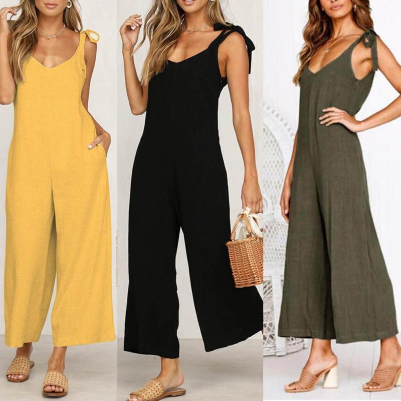 Trendy V Neck Loose Lace Backless Cargo Jumpsuit