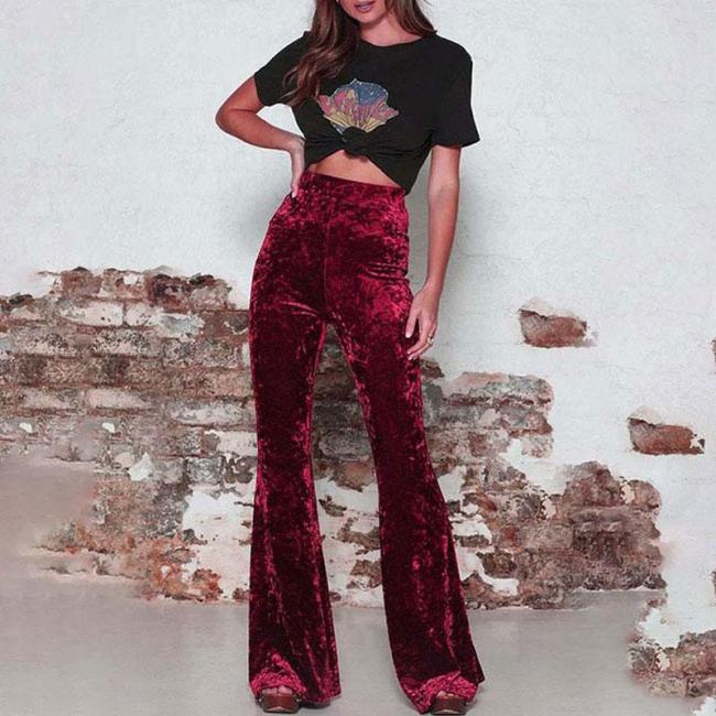 Fashion High Waist Velvet Flared Party Solid Color Wide Leg Pants