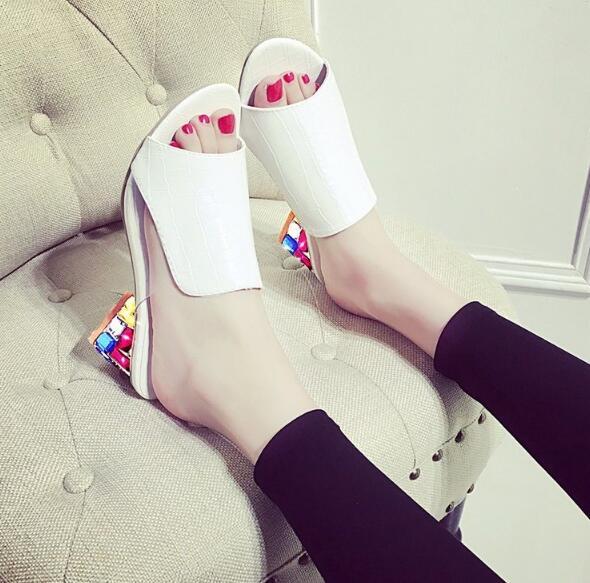 Square Heel Summer Open Toe Multicolor Wedge Sandals