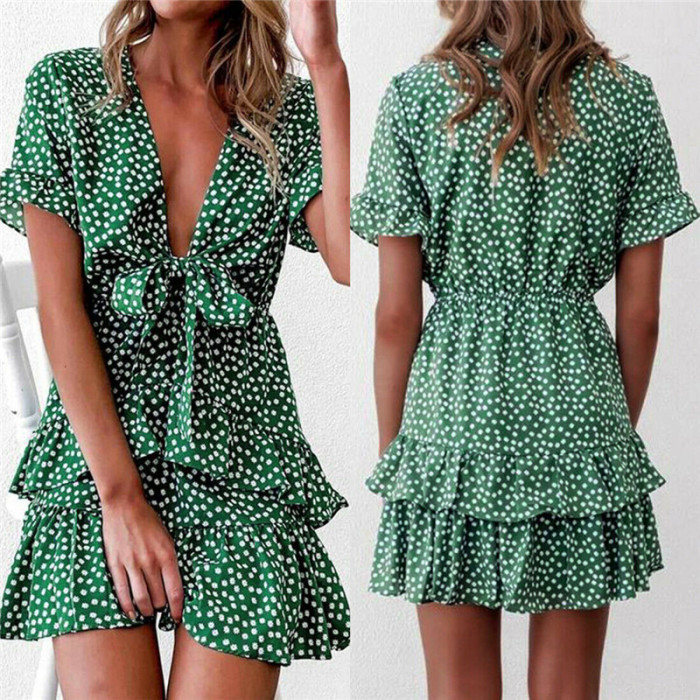 Trendy Polka Dot Boho Ruffle V Neck Party Vacation Mini Dress