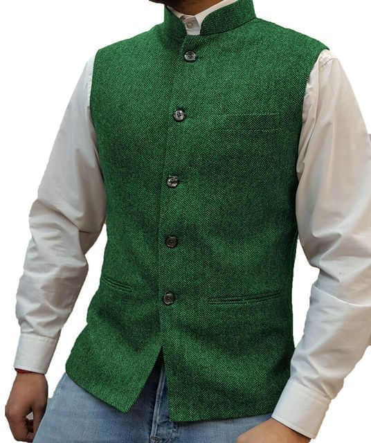 Men's Fashion Herringbone Wool Tweed Stand Collar Slim Vest