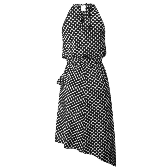 Vintage Polka Dot Ruffle Halter Neck Irregular Tie  Midi Dress