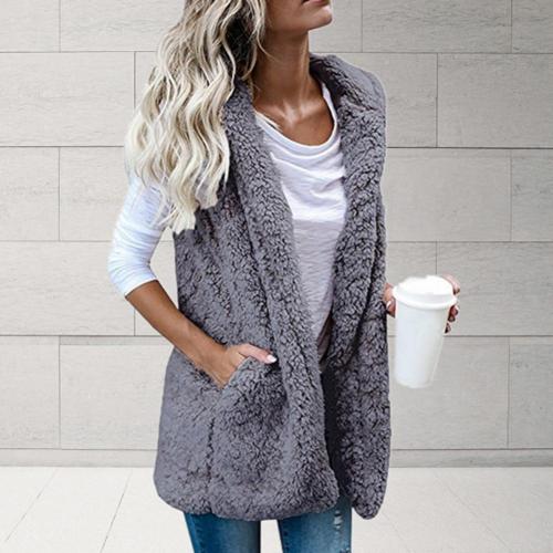 Fashion Fur Pocket Warm Fluffy Elegant Solid Color Coat Vest