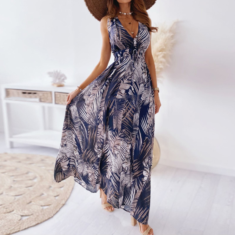 Fashionable Women's Beach Print Backless Sling Sexy Boho Party Maxi Dress