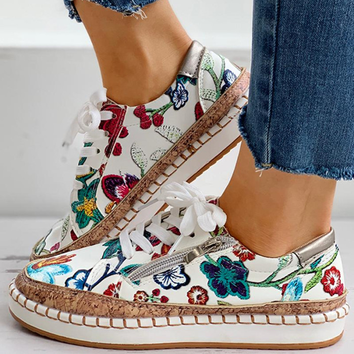 Chic Casual Elegant Floral Print Lace-Up Flat Round Toe Sneakers