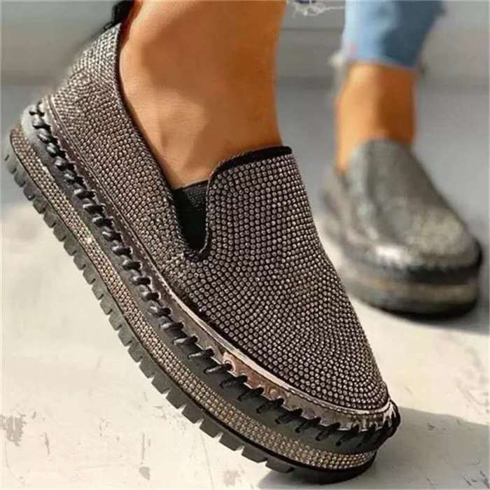 Fashion Women's Shoes Flat Rhinestone Shiny Thick Sole Casual Comfort  Flat