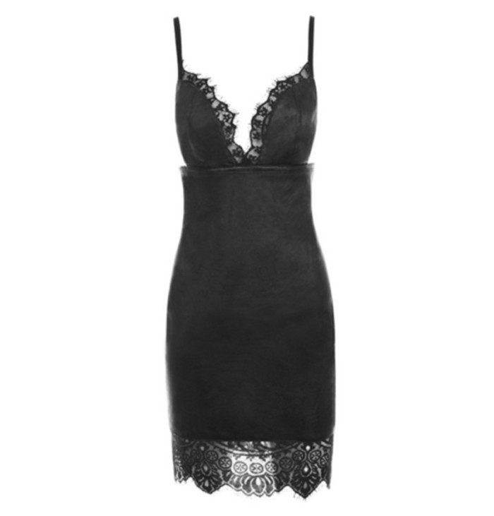 Women's Sexy Leather Party V Neck PU Solid Lace  Bodycon Dress