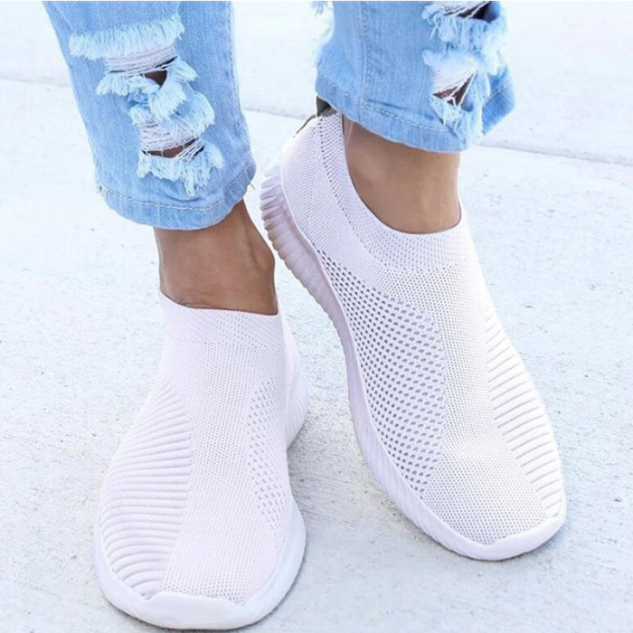 Ladies Slip On Lightweight White Casual Flats Sneakers
