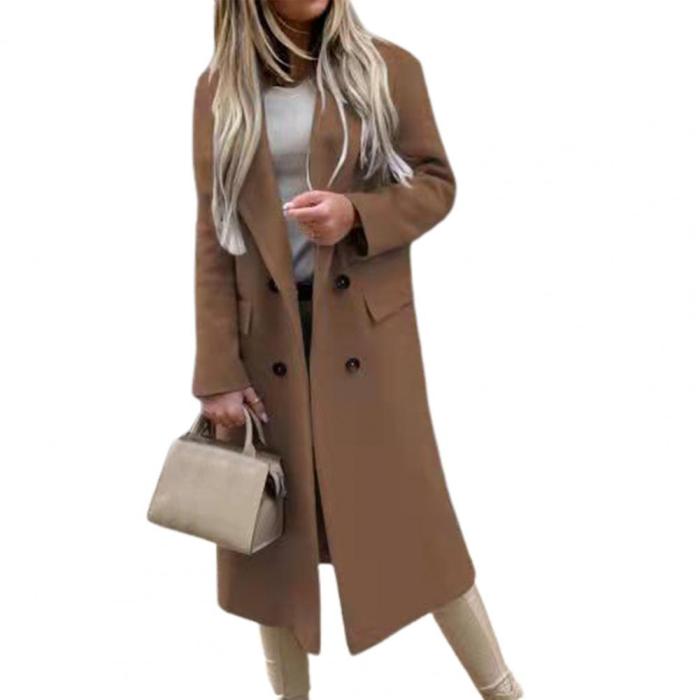 Elegant Wool Loose Solid Color Double Breasted Warm Stand Collar Coat